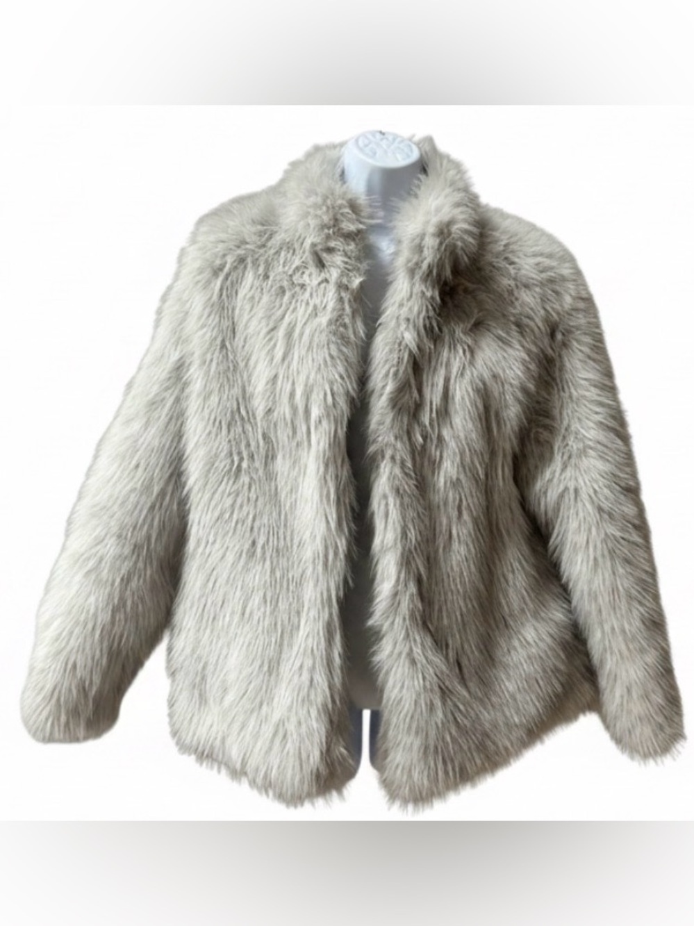 Light Gray Faux Fur Jacket Women’s Medium Soft Plush Open Front Coat